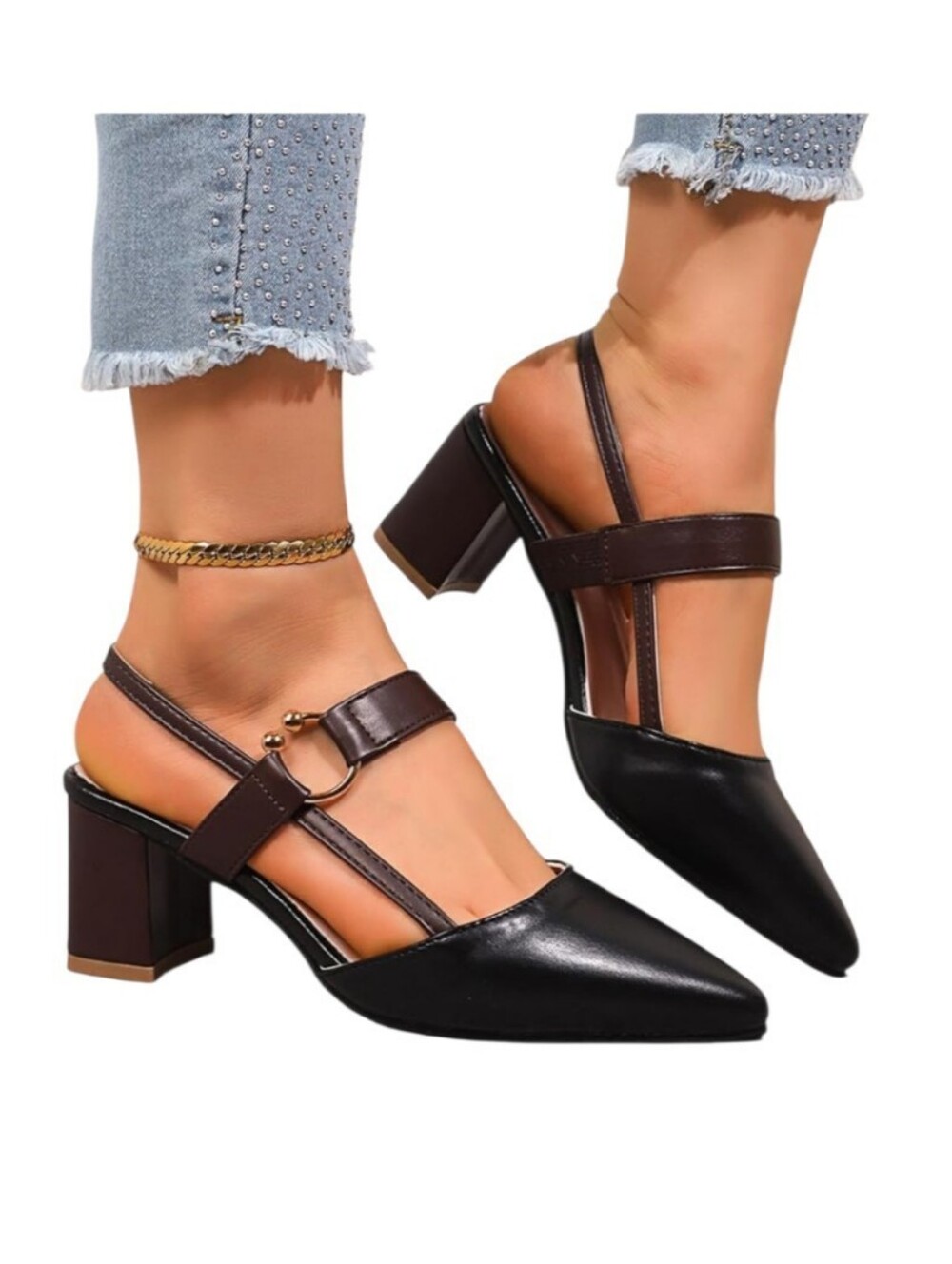 Two Tone Brown Black Pointy Toe Block Heel Slingback Pumps 10